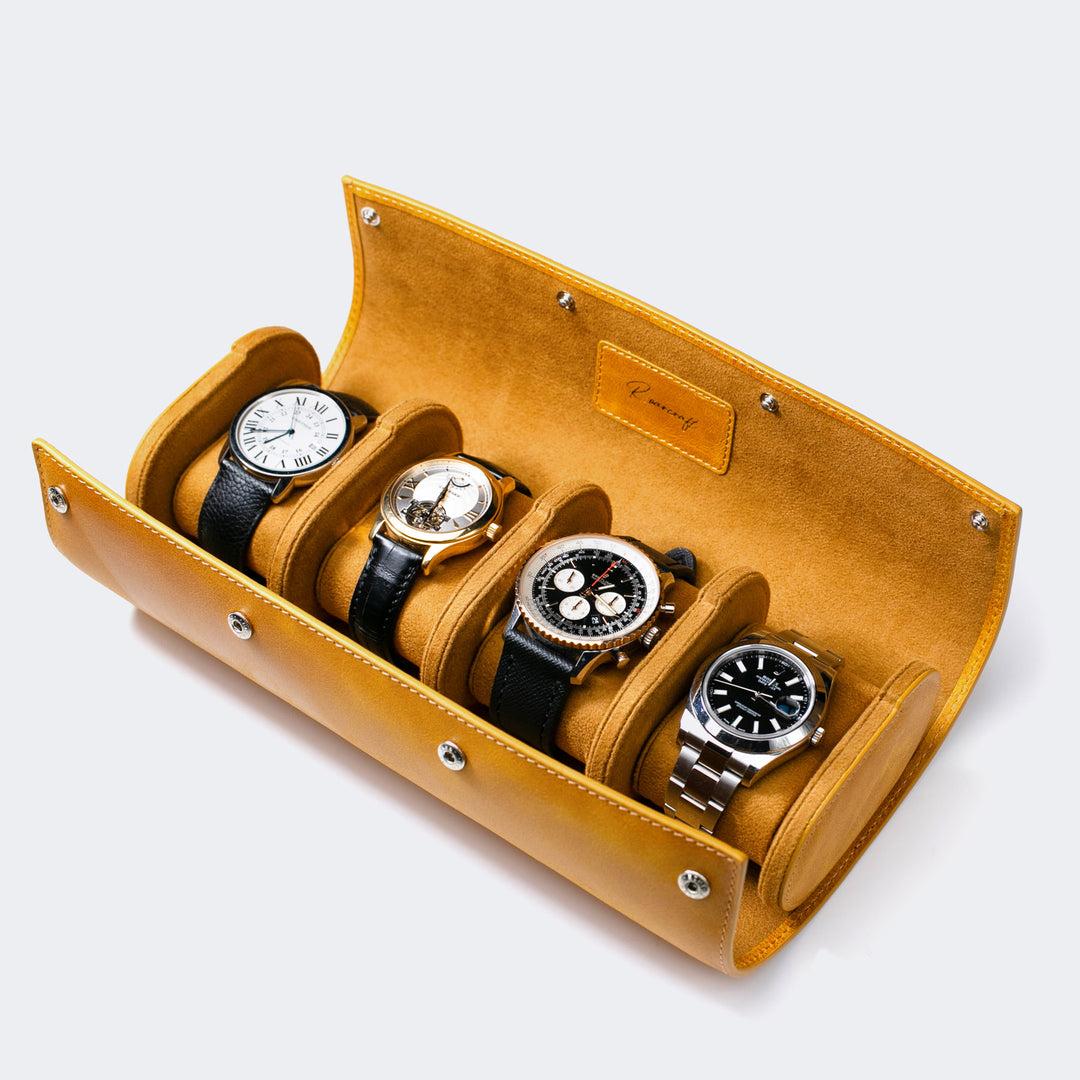 Watch Case - 4 Watches Mustard Leather Roll