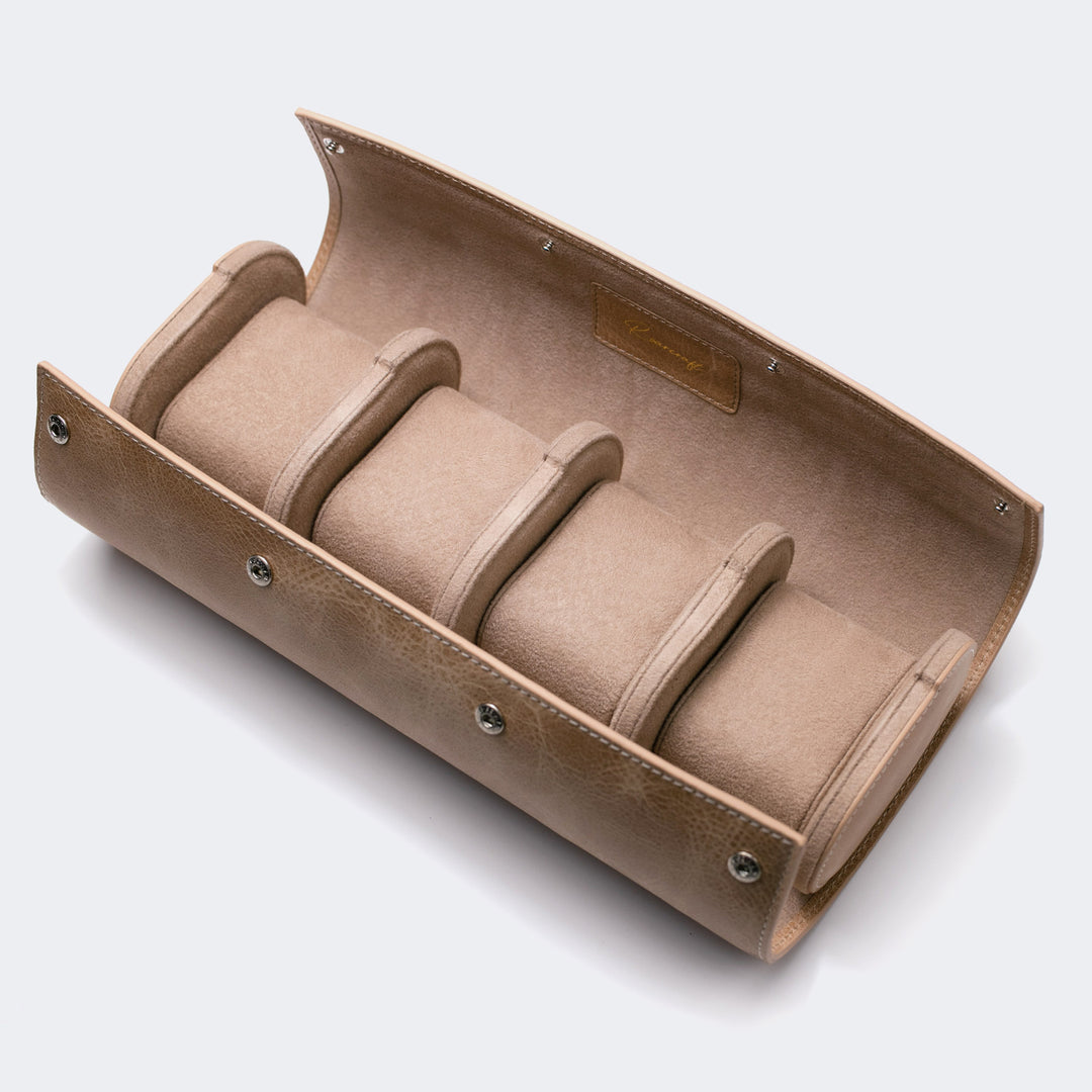 Watch Case - 4 Watches Beige Leather Roll