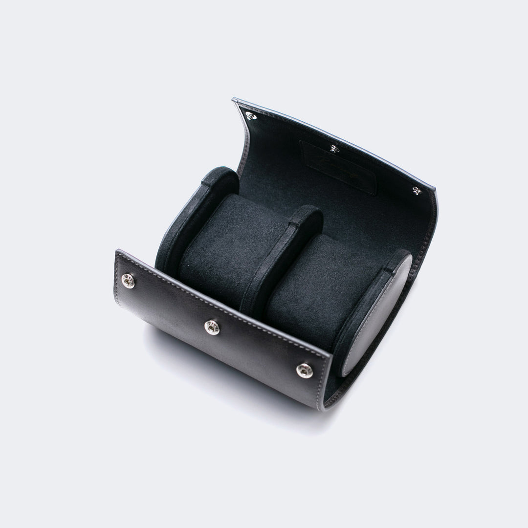Watch Case - 2 Watches Coal Leather Roll