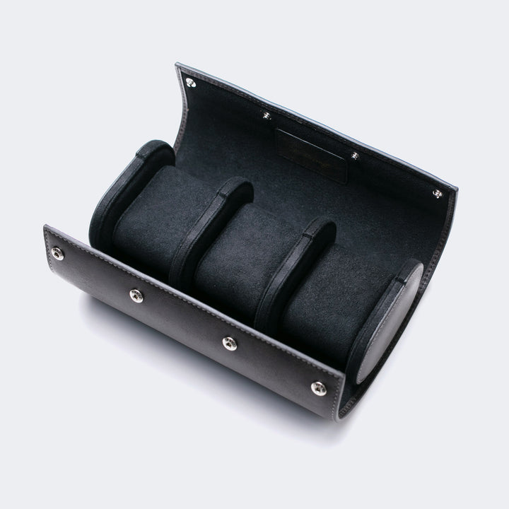 Watch Case - 3 Watches Coal Leather Roll