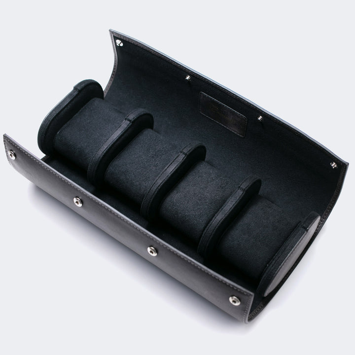 Watch Case - 4 Watches Coal Leather Roll