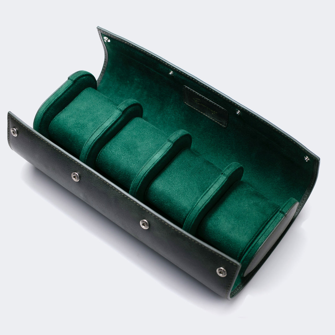 Watch Case - 4 Watches Emerald Leather Roll