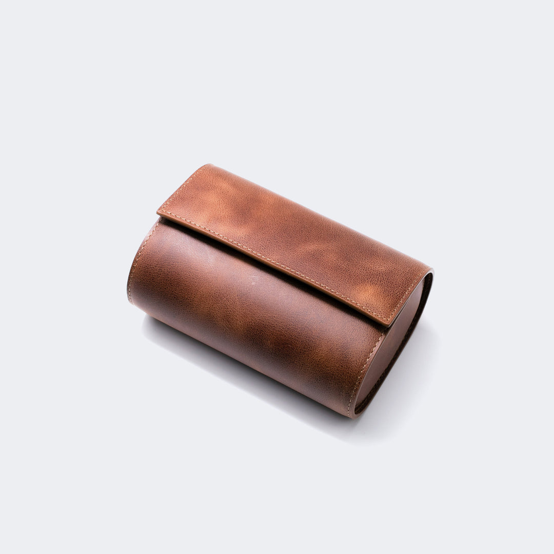 Watch Case - 2 Watches Tobacco Leather Roll