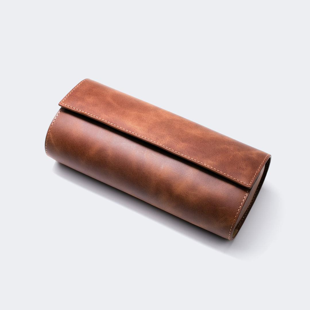 Watch Case - 3 Watches Tobacco Leather Roll
