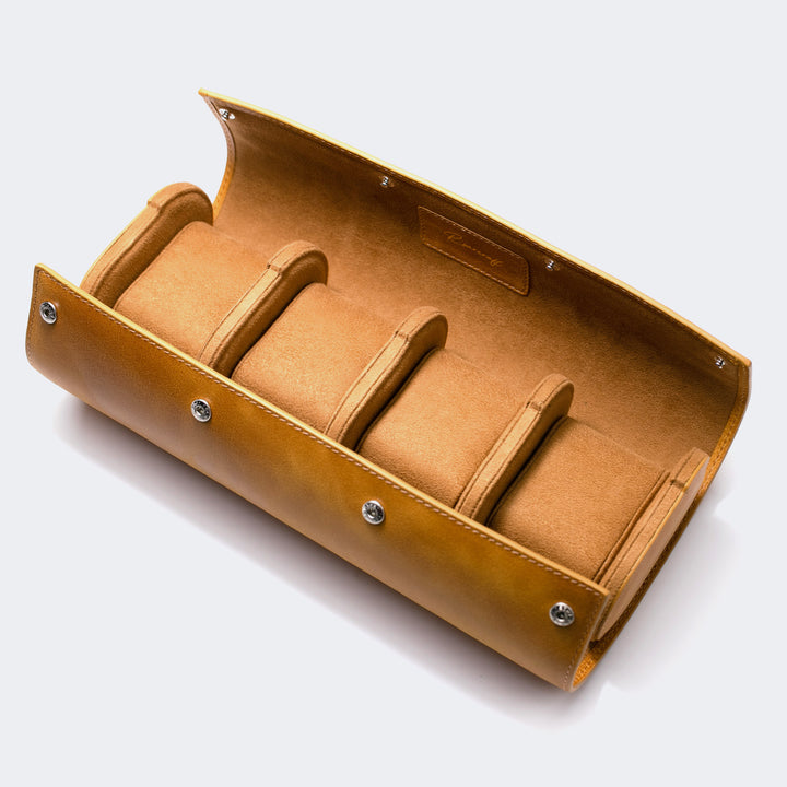 Watch Case - 4 Watches Mustard Leather Roll
