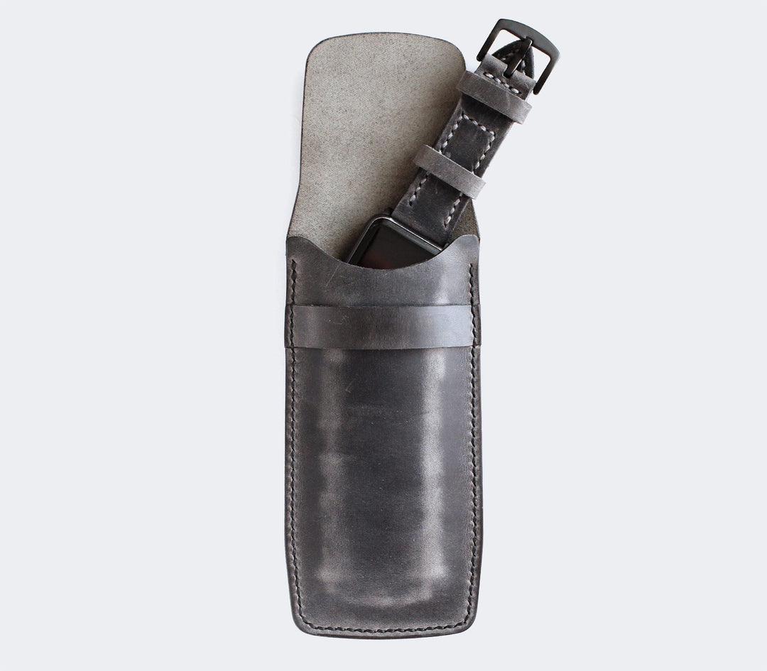 Handmade Flap Covered Leather Watch Case Gray
