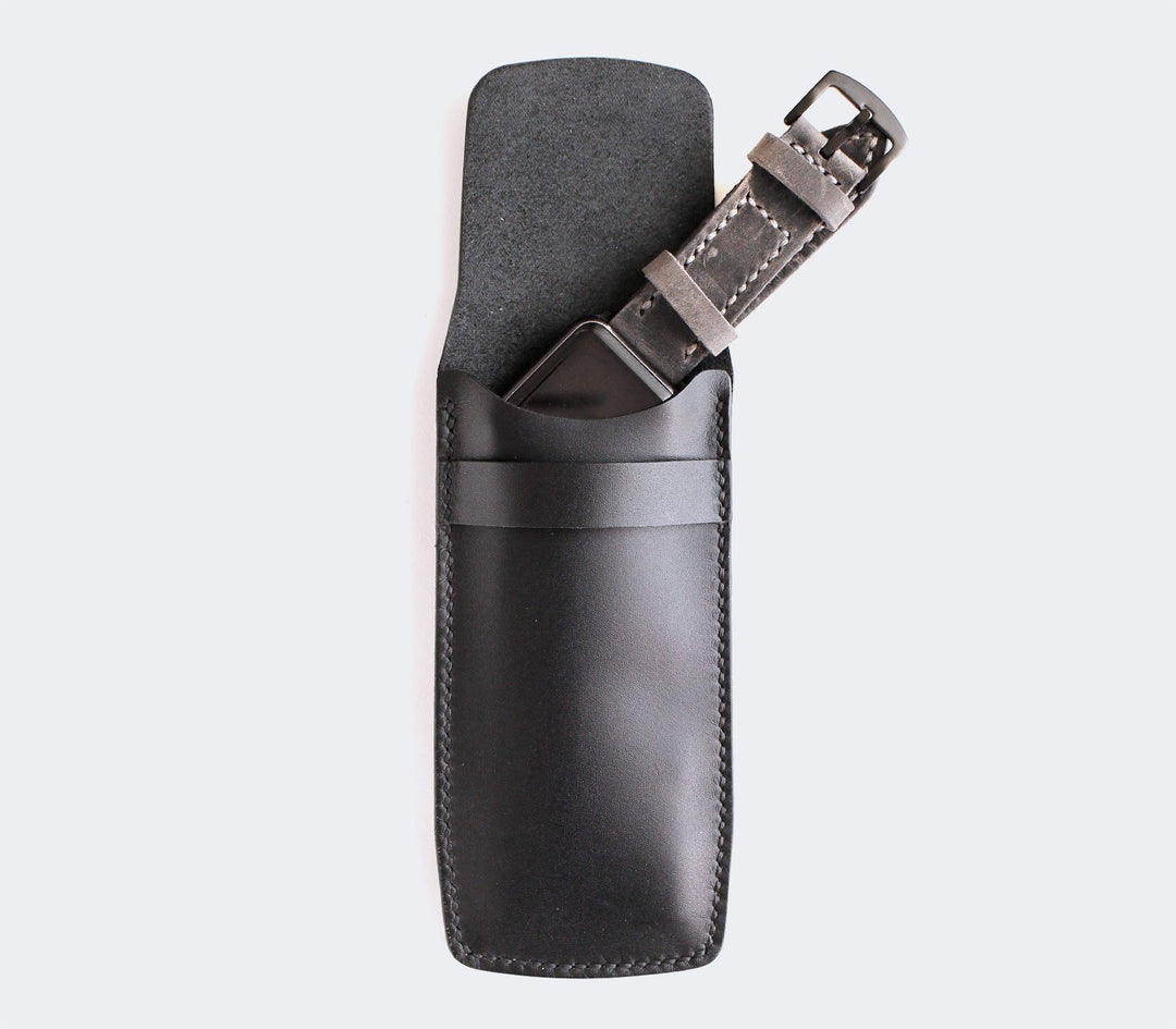 Handmade Flap Covered Leather Watch Case Black