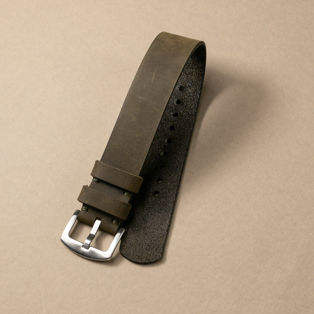 Military Style Leather Watch Strap - Olive Green