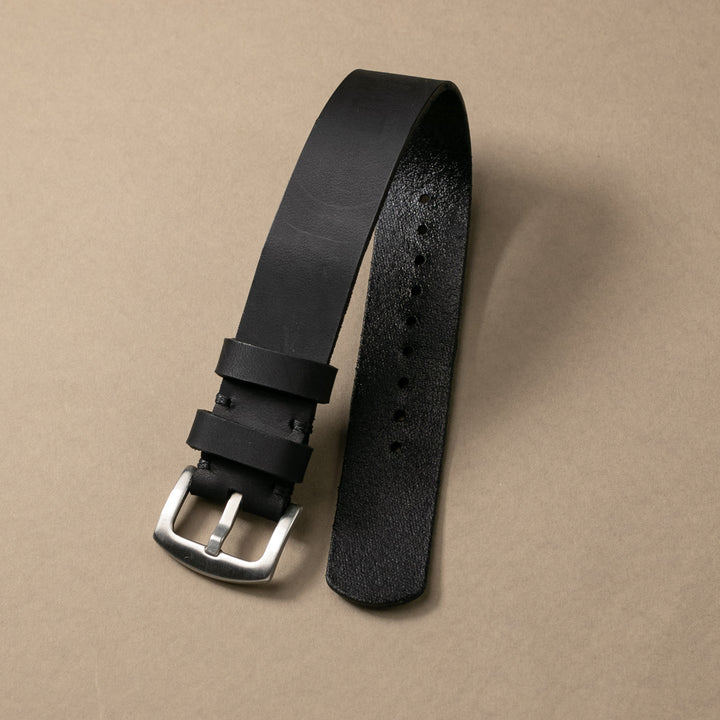 Military Style Leather Watch Strap - Black