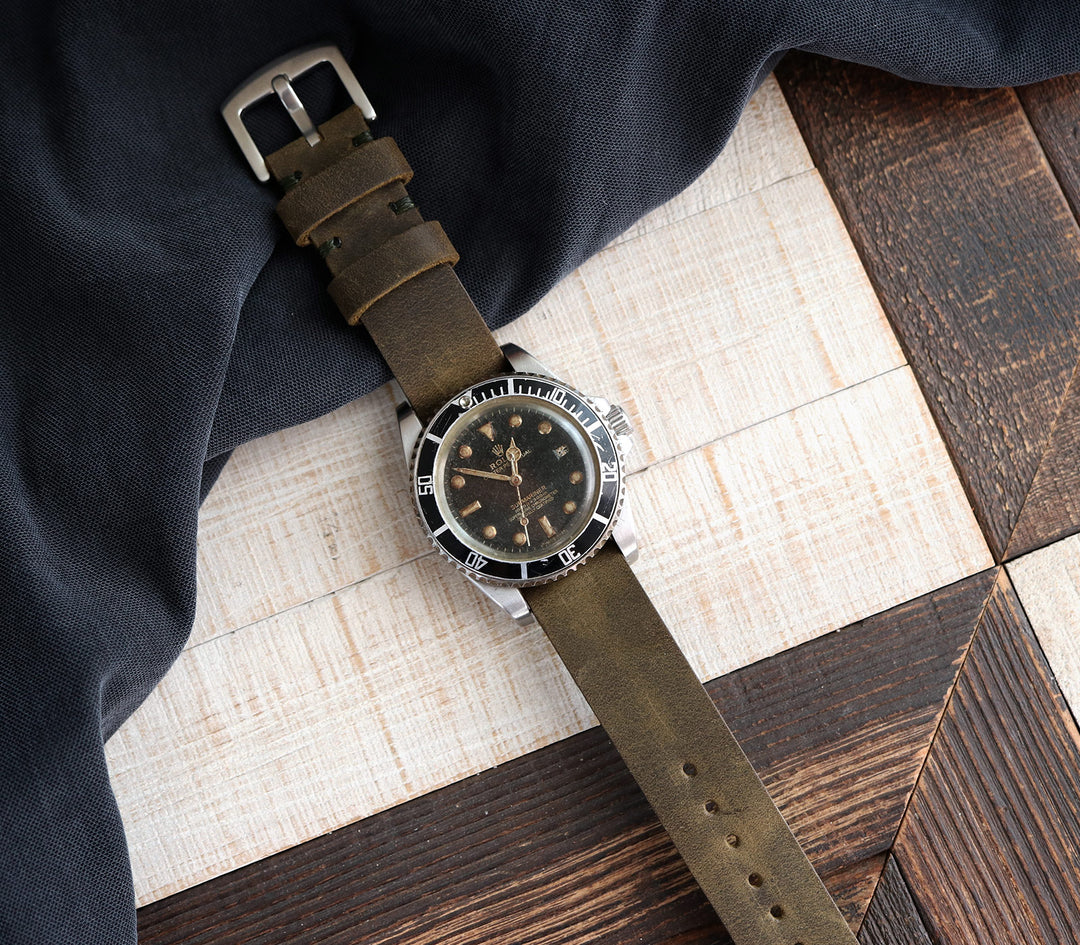 Military Style Leather Watch Strap - Olive Green