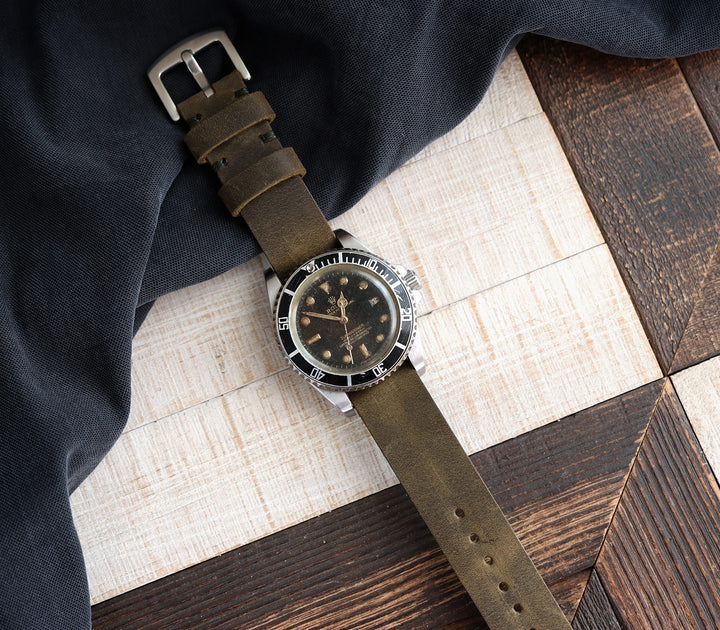 Military Style Leather Watch Strap - Olive Green