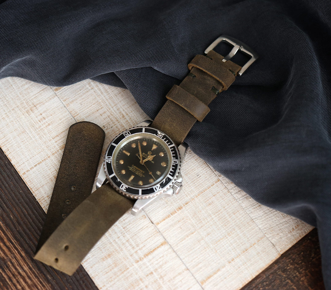 Military Style Leather Watch Strap - Olive Green
