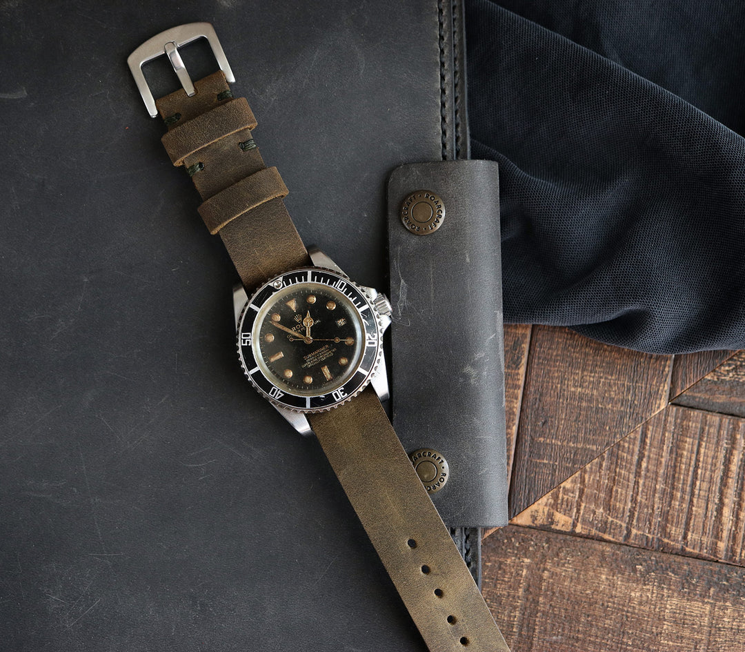 Military Style Leather Watch Strap - Olive Green