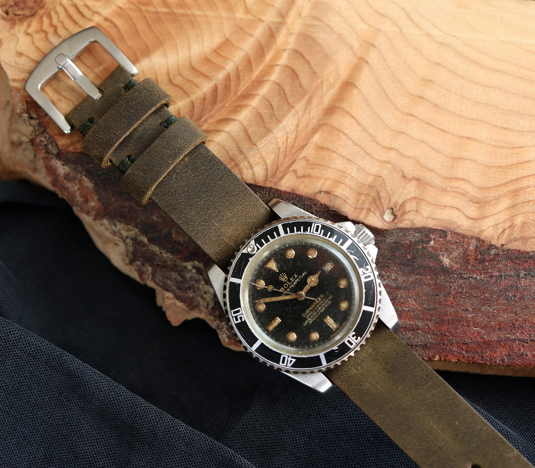 Military Style Leather Watch Strap - Olive Green