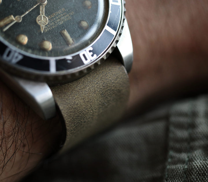 Military Style Leather Watch Strap - Olive Green