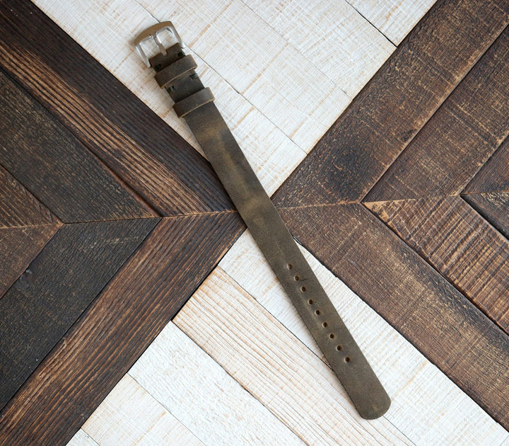 Military Style Leather Watch Strap - Olive Green
