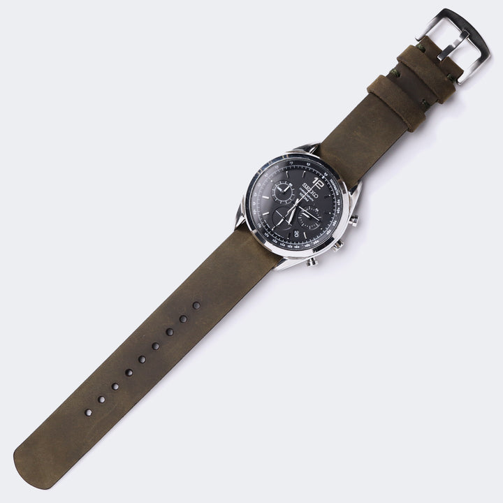 Military Style Leather Watch Strap - Olive Green