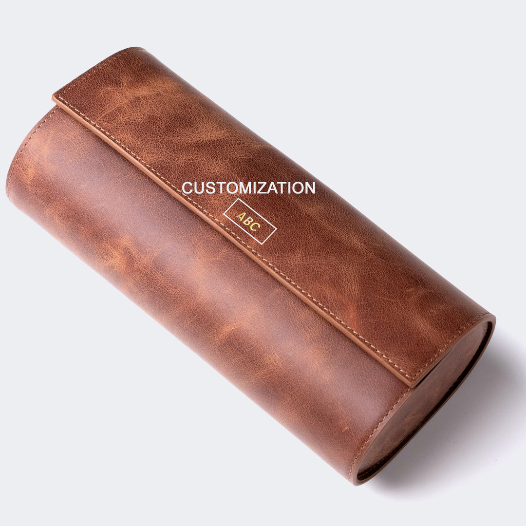 Watch Case - 3 Watches Tobacco Leather Roll