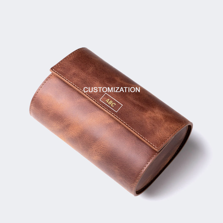Watch Case - 2 Watches Tobacco Leather Roll