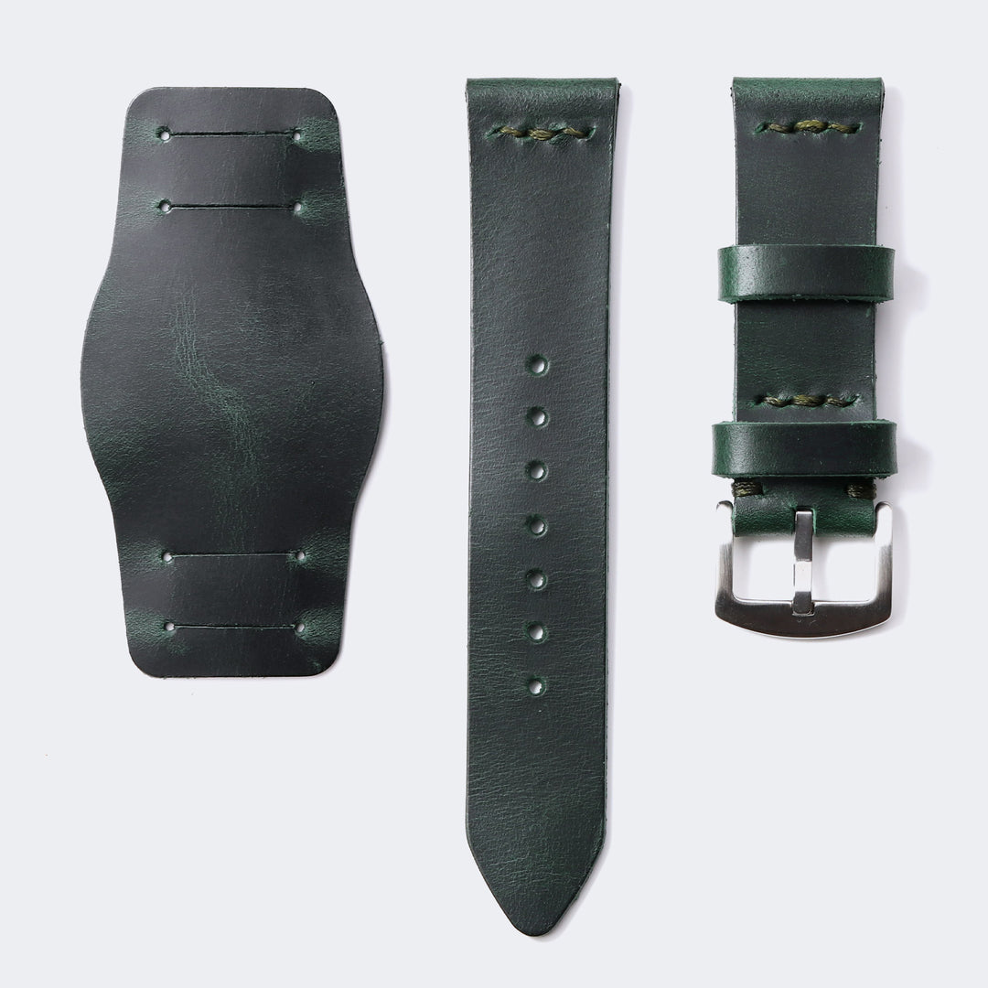 Leather Bund Watch Strap - Forest Green